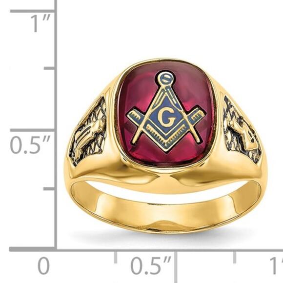 14k Gold Men's  Lab Created Ruby Masonic Ring - Picture 6 of 9